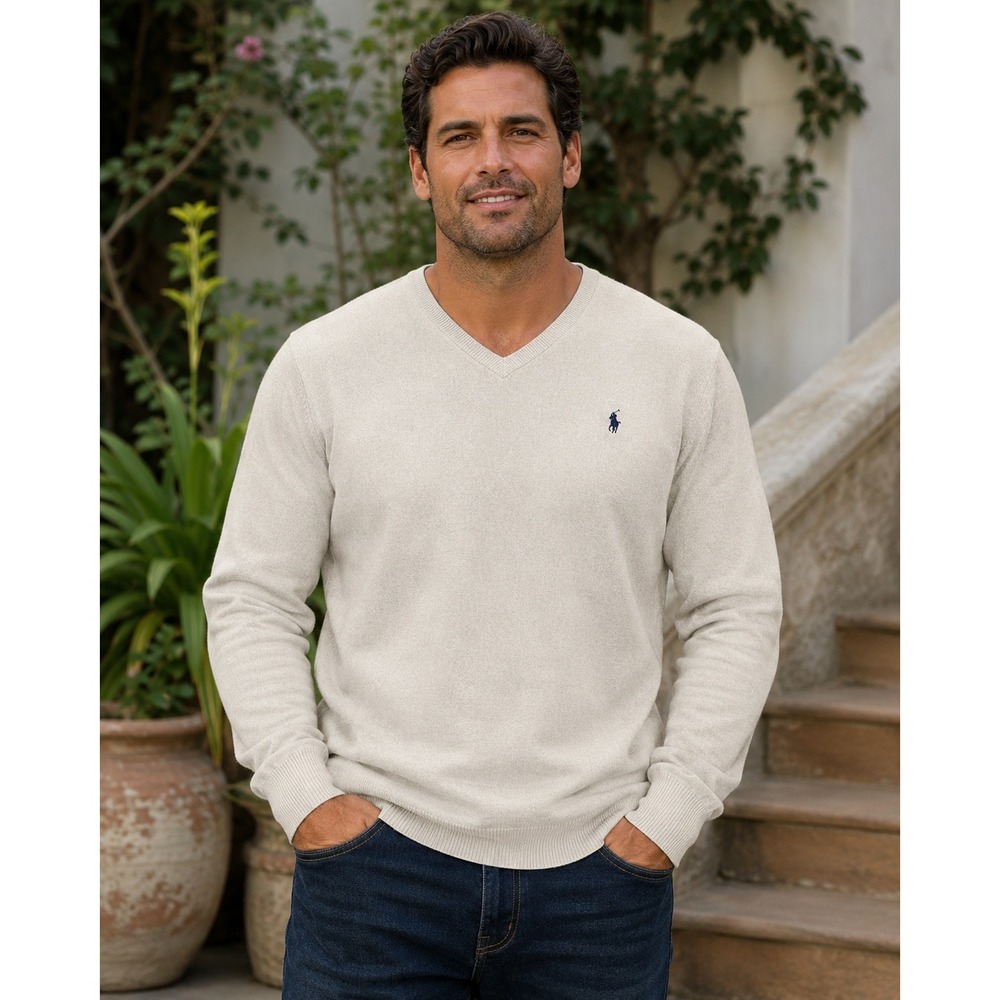 Polo Ralph Lauren Sweater Mens XL Beige Pima Cotton V-Neck Long Sleeve Heather